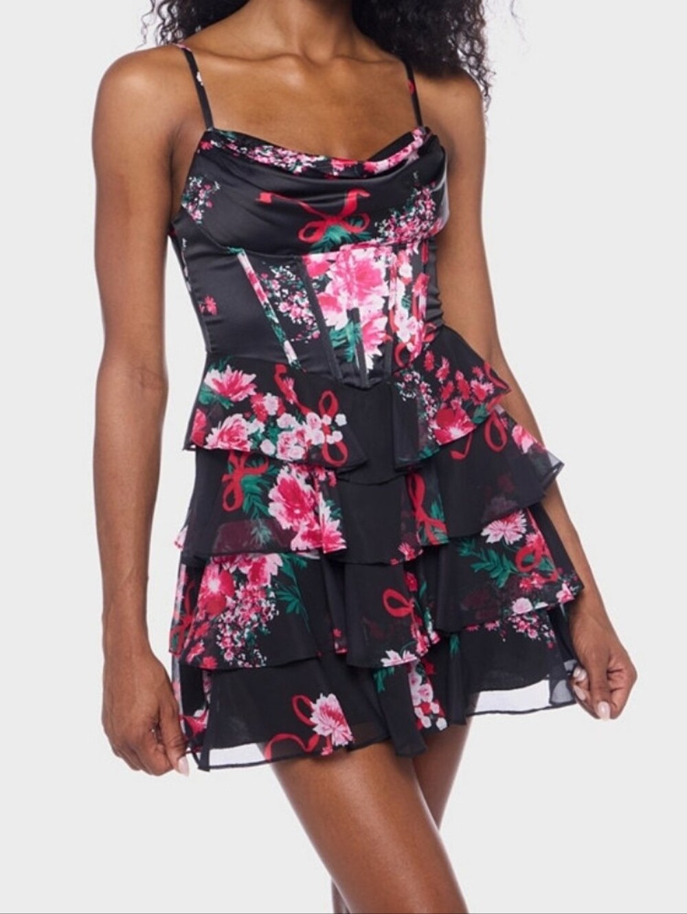 Alex & Sophia Juniors' 7/8 Tiered Satin Skirt Corset Draped Neck Dress NWT